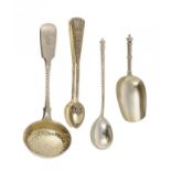 A RUSSIAN SILVER SUGAR SIFTER, CADDY SHOVEL AND TEASPOON BY            AND A PAIR OF RUSSIAN