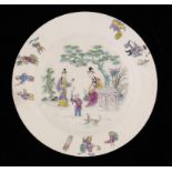 A BOW PLATE, C1765-68  outline printed in black and enamelled with Chinese figures, 20.5cm diam ++In