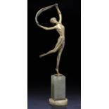 JOSEF LORENZL. A GILT BRONZE FIGURE OF A BIKINI DANCER, C1930 gilt bronze, signed LORENZL, on onyx