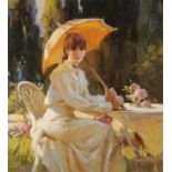 †JOHN RICHARD TOWNSEND THE PARASOL (1930-2013) signed with monogram, oil on board, 60 x 54cm ++In