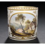 A DERBY COFFEE CAN, C1820 painted with an oval landscape panel, wishbone handle, 6.5cm h, painted