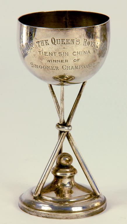 A SOUTH EAST ASIAN SILVER SNOOKER TROPHY CUP ENGRAVED '1ST BN THE QUEEN'S ROYAL REGIMENT TIENTSIN
