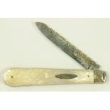 A SILVER FRUIT KNIFE WITH CARVED MOTHER OF PEARL SCALES, SHEFFIELD 1912