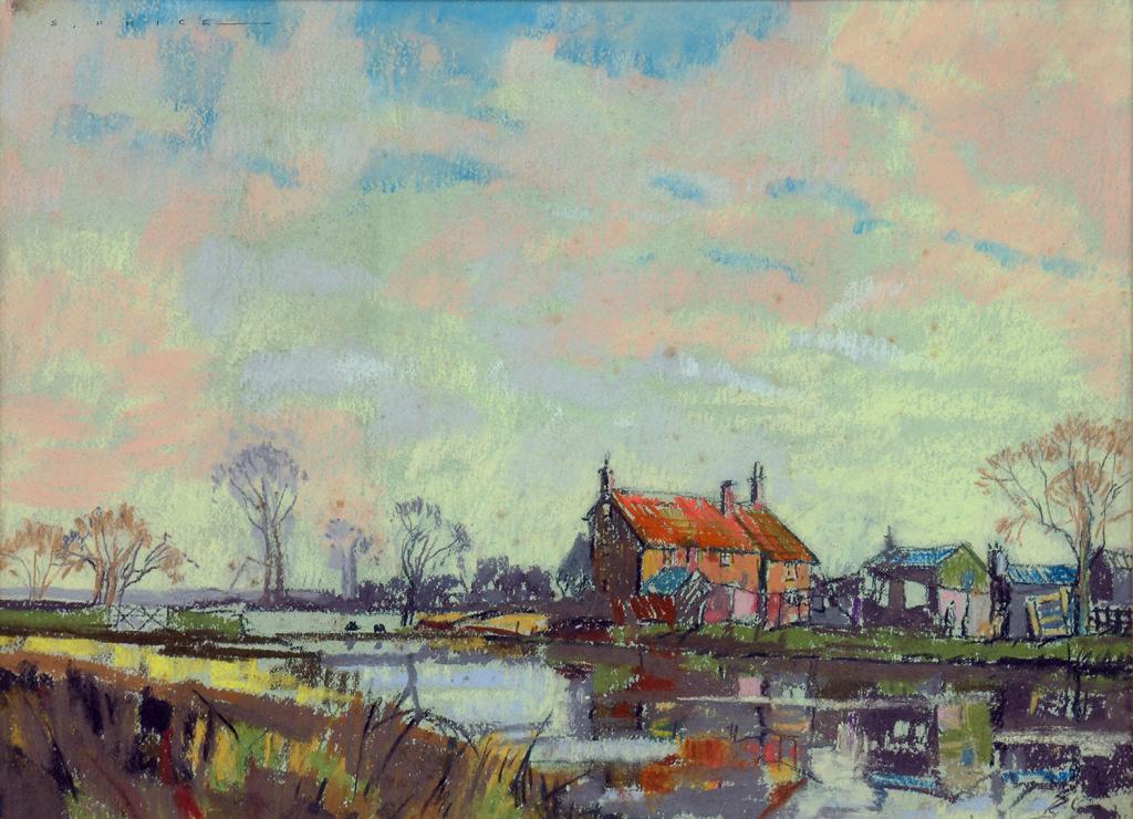 S. PRYCE - THE CANAL HICKLING BASIN, SIGNED AND INSCRIBED ON A LABEL ON THE BACKBOARD, PASTEL,