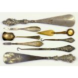 TWO SILVER HANDLED SHOEHORNS AND SIMILAR ARTICLES, VARIOUS MAKERS AND DATES, CIRCA 1900