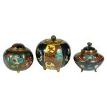 THREE JAPANESE CLOISONNÉ ENAMEL KOROS AND COVERS, MEIJI  7-9cm h (the largest ex Wheatley,