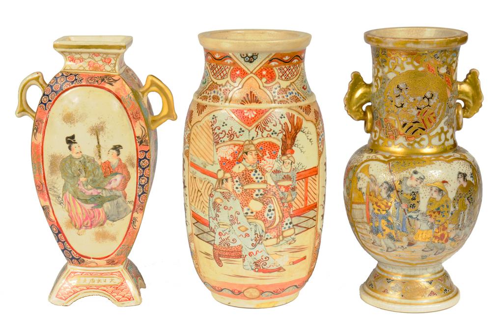 TWO JAPANESE SATSUMA WARE EARTHENWARE VASES AND ANOTHER, MEIJI  one with gilt inscription to