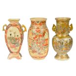 TWO JAPANESE SATSUMA WARE EARTHENWARE VASES AND ANOTHER, MEIJI  one with gilt inscription to