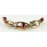 A RUBY, DIAMOND AND CULTURED PEARL CRESCENT BROOCH, CIRCA 1900, 5.5G GROSS