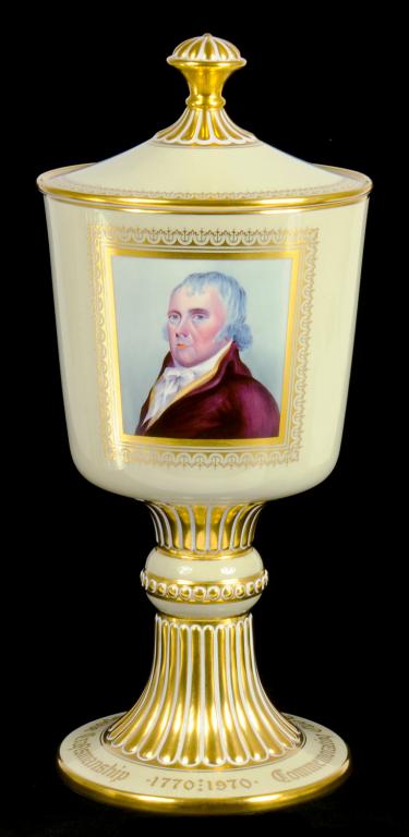 A SPODE BICENTENNIAL CUP AND COVER WITH A PORTRAIT OF JOSIAH SPODE, ONE OF A LIMITED EDITION OF 200,