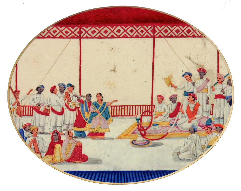 COMPANY SCHOOL, C1850 A COURT GATHERING  gouache on mica, oval 13.5 x 17cm