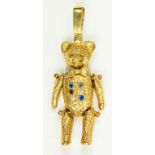 A SAPPHIRE AND DIAMOND SET GOLD TEDDY BEAR PENDANT FULLY ARTICULATED 19.8G