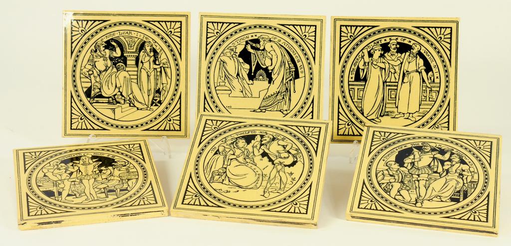 A SET OF SIX SHAKESPEAREAN SERIES WALL TILES DESIGNED BY JOHN MOYR SMITH, STENCIL PRINTED MARK OF