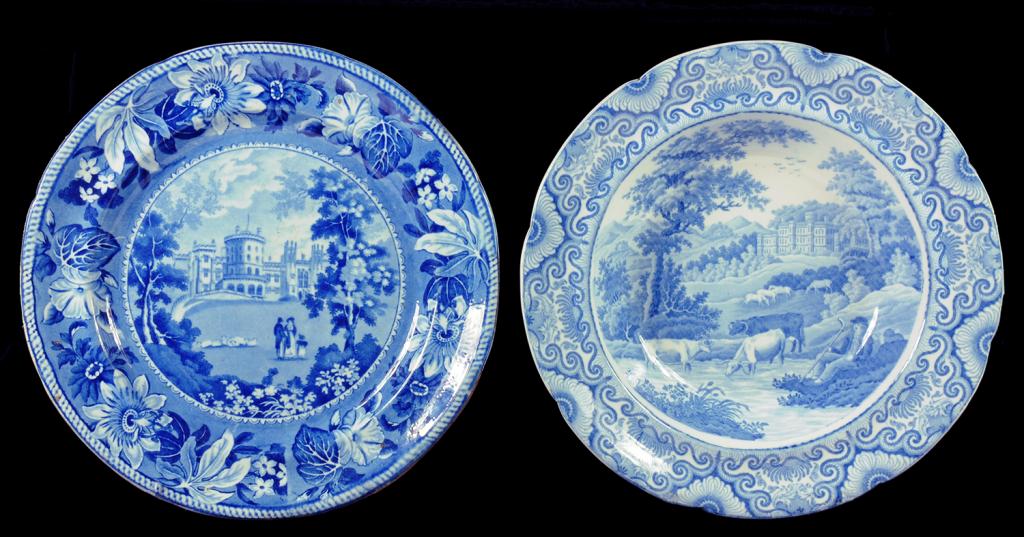 A BLUE PRINTED EARTHENWARE PLATE WITH A VIEW OF BELVOIR CASTLE AND A HEATHCOTE & CO BLUE PRINTED