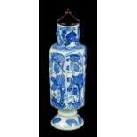A CHINESE BLUE AND WHITE HEXAGONAL JAR, KANGXI painted with panels of hatched leaves, 12.5cm h,