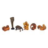 FOUR JAPANESE BOXWOOD NETSUKE AND TWO IRONWOOD NETSUKE, 20TH C various sizes, monkey on bamboo 7cm