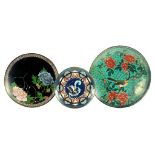 THREE JAPANESE CLOISONNÉ ENAMEL DISHES, MEIJI  18.5-27.5cm ++ The two larger dishes with slight wear