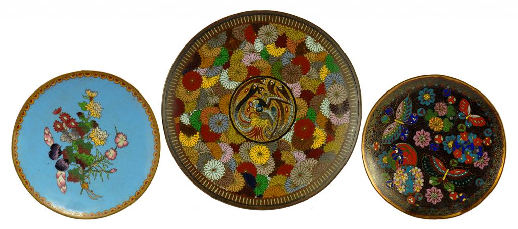 THREE JAPANESE CLOISONNÉ ENAMEL DISHES, MEIJI  15-21cm h ++ Largest with area of loss of counter