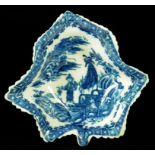 A CAUGHLEY LEAF SHAPED PICKLE DISH, C1780-90  transfer printed in underglaze blue with the Fisherman