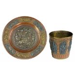 AN INDIAN BRASS BEAKER WITH COPPER AND SILVER APPLIED DECORATION AND A SIMILAR DISH, 19TH C