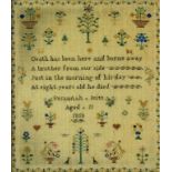 A LINEN SAMPLER WORKED BY SUSANNAH ISITT AGED ELEVEN 1858 WITH BIRDS, TREES AND FLOWERS, OAK FRAME