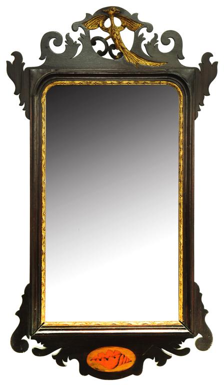 A VICTORIAN PARCEL GILT WALNUT FRETTED FRAME WALL MIRROR