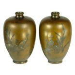 A PAIR OF JAPANESE BRONZE, SHIBUICHI AND SHAKUDO MINIATURE VASES, MEIJI  9cm h, engraved signature