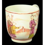 A LOWESTOFT POLYCHROME COFFEE CUP, C1775-80 decorated with a Chinese Mandarin type pattern, 6cm h ++