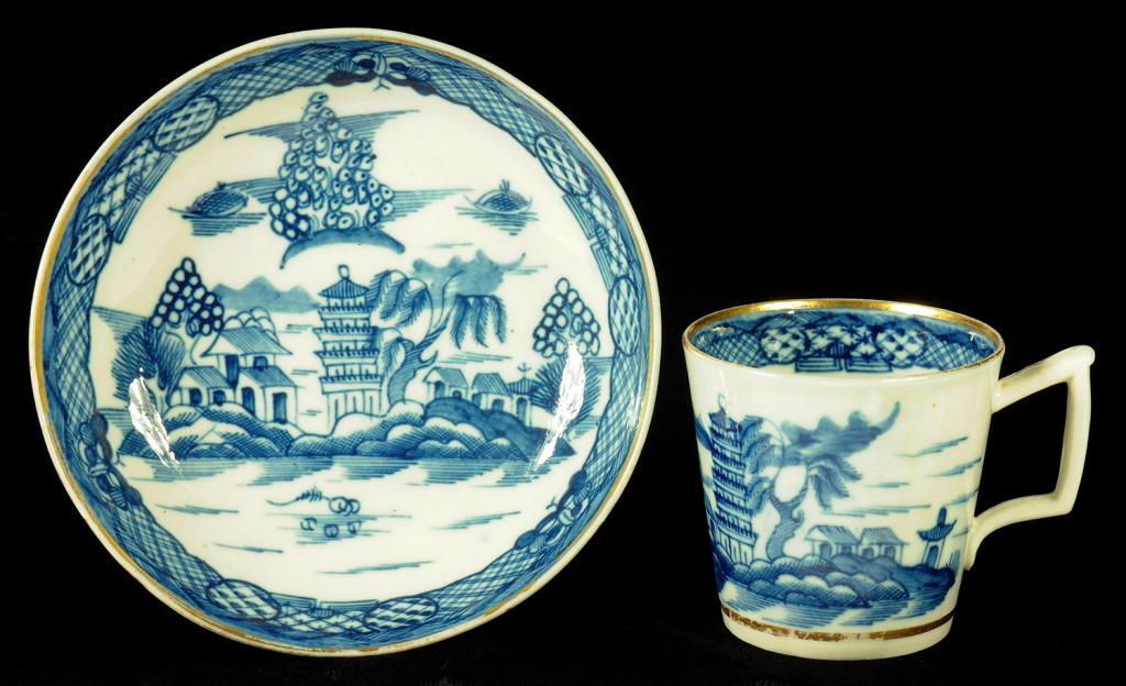 A CAUGHLEY COFFEE CUP AND SAUCER, C1790-95  painted in underglaze blue with the Tower pattern,