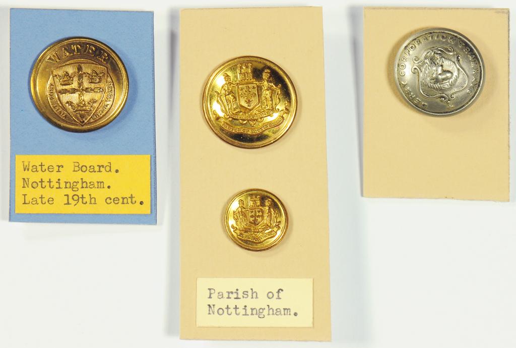 NOTTINGHAM.  THREE GILT BRASS LIVERY BUTTONS OF NOTTINGHAM WATER BOARD AND THE PARISH OF