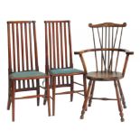 AN EARLY 20TH CENTURY ASH COMB BACK WINDSOR CHAIR AND A PAIR OF EDWARDIAN MAHOGANY STAINED BEDROOM