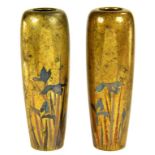 A PAIR OF JAPANESE INLAID BRONZE SLENDER OVIFORM VASES, MEIJI  inlaid in shakudo and other alloys