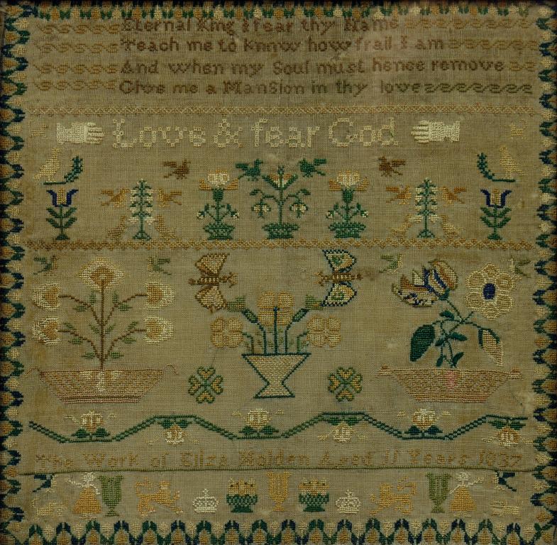 A LINEN SAMPLER WORKED BY ELISA HOLDEN AGED ELEVEN YEARS 1837 WITH VERSE LOVE & FEAR GOD AND VARIOUS