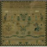 A LINEN SAMPLER WORKED BY ELISA HOLDEN AGED ELEVEN YEARS 1837 WITH VERSE LOVE & FEAR GOD AND VARIOUS