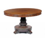 A WILLIAM IV ROSEWOOD BREAKFAST TABLE, C1830-40  on lappeted pillar, round base and four volute