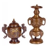 A JAPANESE MINIATURE BRONZE, SHIBUICHI AND SHAKUDO KORO AND COVER AND A BRONZE PRICKET