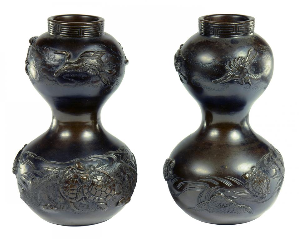 A PAIR OF JAPANESE BRONZE DOUBLE GOURD VASES, MEIJI  15cm h (ex Bowler, Warwick) ++ Fine condition