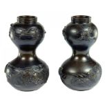 A PAIR OF JAPANESE BRONZE DOUBLE GOURD VASES, MEIJI  15cm h (ex Bowler, Warwick) ++ Fine condition