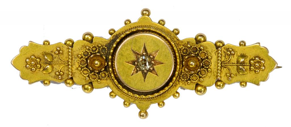 A VICTORIAN 15CT GOLD BAR BROOCH GYPSY SET WITH A DIAMOND, CHESTER 1895, 3.4G