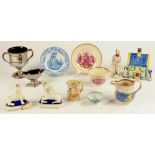 A PRATTWARE COTTAGE BANK AND A SMALL QUANTITY OF CONTEMPORARY EARLY 19TH C ENGLISH POTTERY