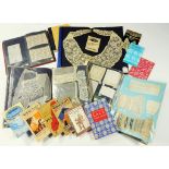 A COLLECTION OF 19TH AND EARLY 20TH C LACE, DARNING SAMPLERS AND DRESS ACCESSORIES  including a 19th