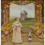 A VICTORIAN COLLAGE OF A LADY AND DOG BEFORE A MONUMENT, IN VARIOUS MEDIA, INCLUDING SEASHELLS