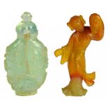A CHINESE CARVED BERYL SNUFF BOTTLE AND A STOPPER AND A AGATE FIGURE OF A DANCER, BOTH 19TH C  8 and