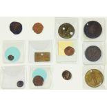 TWELVE COPPER, BRONZE OR BRASS ROMAN AND OTHER ANCIENT COINS, 19TH CENTURY TRADE TOKENS AND PIT