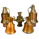 FOUR ANATOLIAN COPPER LIDDED JUGS, TWO TINNED AND A SIMILAR PERSIAN SAMOVAR, ALL LATE 19TH/EARLY