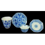 A CHINESE BLUE AND WHITE BEAKER AND SIMILAR SAUCER AND A BLUE AND WHITE TEA BOWL AND MATCHING