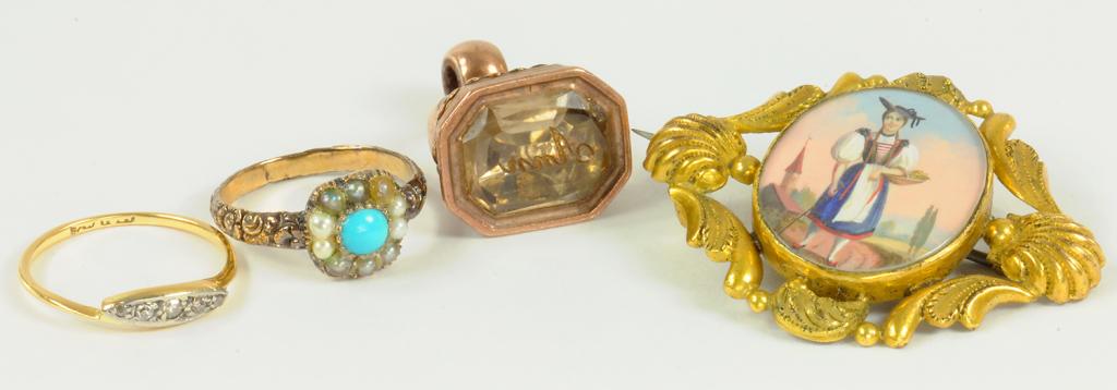 A DIAMOND RING IN GOLD, 1G, A VICTORIAN FOB SEAL WITH GLASS INTAGLIO, A VICTORIAN TURQUOISE AND