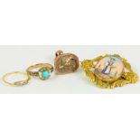 A DIAMOND RING IN GOLD, 1G, A VICTORIAN FOB SEAL WITH GLASS INTAGLIO, A VICTORIAN TURQUOISE AND