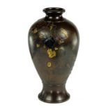 A JAPANESE BRONZE AND MIXED METALS BALUSTER VASE, MEIJI  finely carved and inlaid in shakudo,
