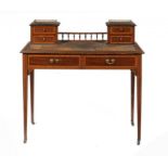 AN EDWARD VII MAHOGANY WRITING TABLE, c1905  crossbanded in satinwood and line inlaid throughout,